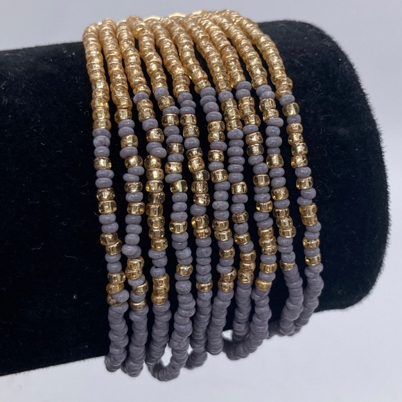 Multistrand Beaded Stretch Bracelet Gray & Gold Tone Beads - Picture 2 of 6